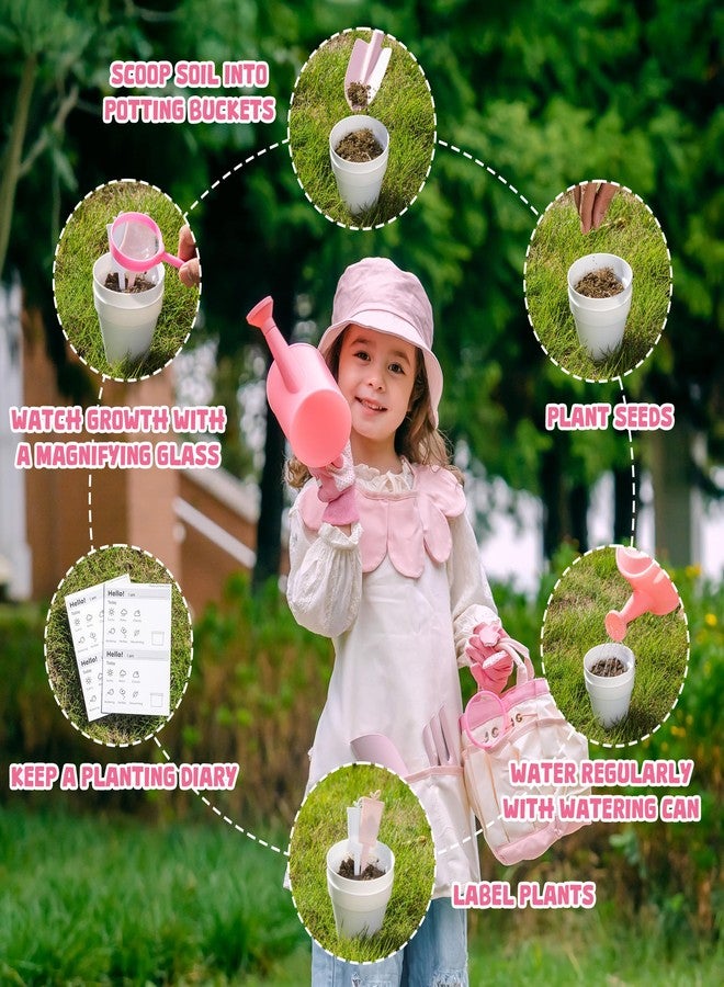 ROBOTIME Kids Gardening Set, 17PCS Kids Gardening Tools for Girls, Toddler Gardening Set with Hat, Apron, Gloves, Watering Can & Tool Bag - Outdoor Garden Toy Kit (Pink) - Image 4