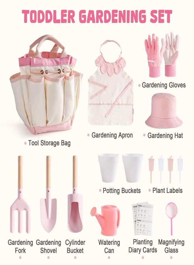 ROBOTIME Kids Gardening Set, 17PCS Kids Gardening Tools for Girls, Toddler Gardening Set with Hat, Apron, Gloves, Watering Can & Tool Bag - Outdoor Garden Toy Kit (Pink) - Image 2