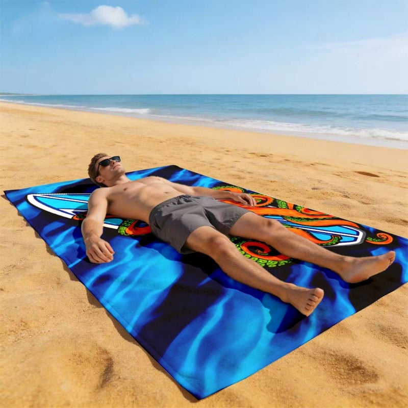 A Lightweight Quick Drying Camping Beach Towel With Cartoon Octopus And Surfboard Print 27.56 By 59.06 Inches Made Of Soft Absorbent Polyester Portable For Men Women Swimming Diving Beach Activities - Image 3