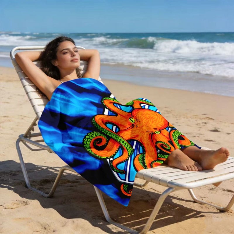 A Lightweight Quick Drying Camping Beach Towel With Cartoon Octopus And Surfboard Print 27.56 By 59.06 Inches Made Of Soft Absorbent Polyester Portable For Men Women Swimming Diving Beach Activities - Image 4
