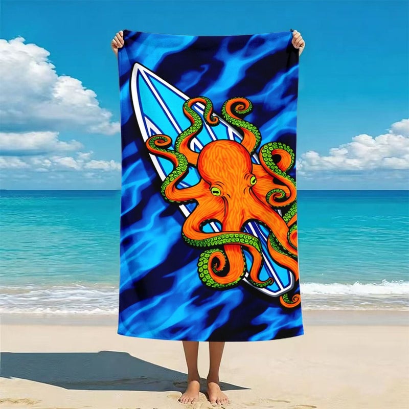 A Lightweight Quick Drying Camping Beach Towel With Cartoon Octopus And Surfboard Print 27.56 By 59.06 Inches Made Of Soft Absorbent Polyester Portable For Men Women Swimming Diving Beach Activities - Image 1