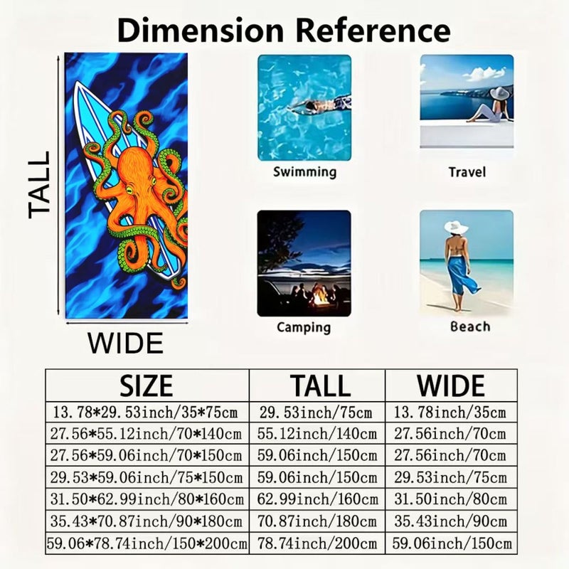 A Lightweight Quick Drying Camping Beach Towel With Cartoon Octopus And Surfboard Print 27.56 By 59.06 Inches Made Of Soft Absorbent Polyester Portable For Men Women Swimming Diving Beach Activities - Image 5