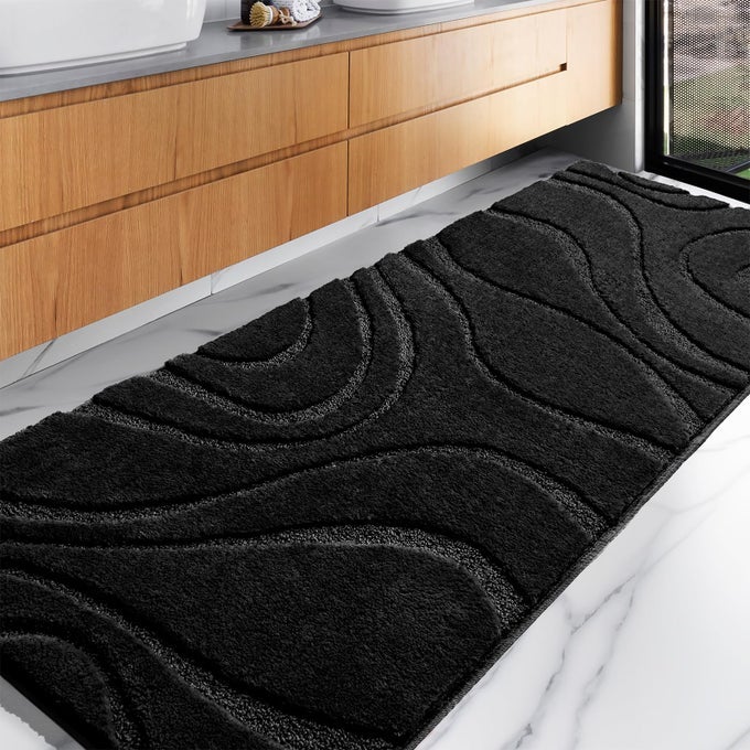 BATHROOM RUGS RUNNER 24X60 INCH ULTRA SOFT AND WATER ABSORBENT LONG BATH RUGS NONSLIP QUICK DRY MACHINE WASHABLE BATH MATS MICROFIBER THICK MATTS FOR FLOOR TUB SHOWER HOME DECOR BLACK