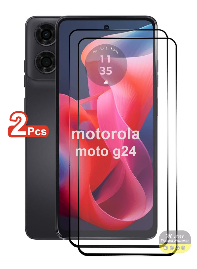 قطعتان من واقي الشاشة لهاتف Motorola Moto G24 - واقي شاشة من الزجاج المقوى من الحافة إلى الحافة، شفافية عالية، لمسة دقيقة، مضاد للانفجار، حواف مقوسة ناعمة، تركيب سهل