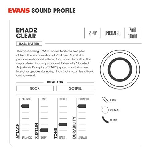 Evans EMAD2 Clear Bass Drum Head, 22” – Externally Mounted Adjustable Damping System Allows Player to Adjust Attack and Focus – 2 Foam Damping Rings for Sound Options - Versatile for All Music Genres - Image 3