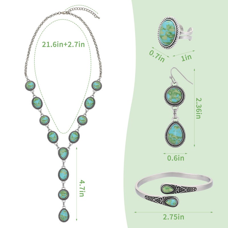 JMScape 4 PCS Western Turquoise Jewelry for Women Boho Vintage Navajo Pearl Necklace Earring Bracelet Ring Set Country Cowgirl Accessories for Gift (R-Green) - Image 5