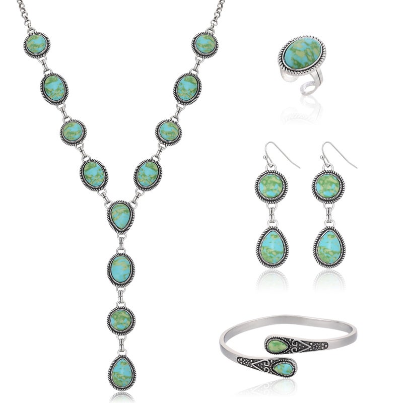 JMScape 4 PCS Western Turquoise Jewelry for Women Boho Vintage Navajo Pearl Necklace Earring Bracelet Ring Set Country Cowgirl Accessories for Gift (R-Green) - Image 1