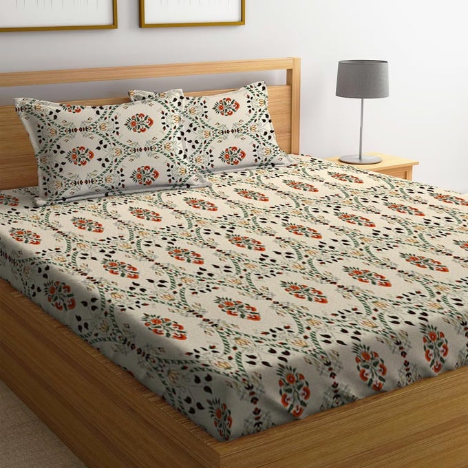 300 TC COTTON FEEL GLACE COTTON ELASTIC FITTED PRINTED KING SIZE DOUBLE BED BEDSHEET WITH 2 PILLOW COVERS FITS UPTO 8 INCHES MATTRESS SIZE 72X78 INCHES BEIGEJAIPURI