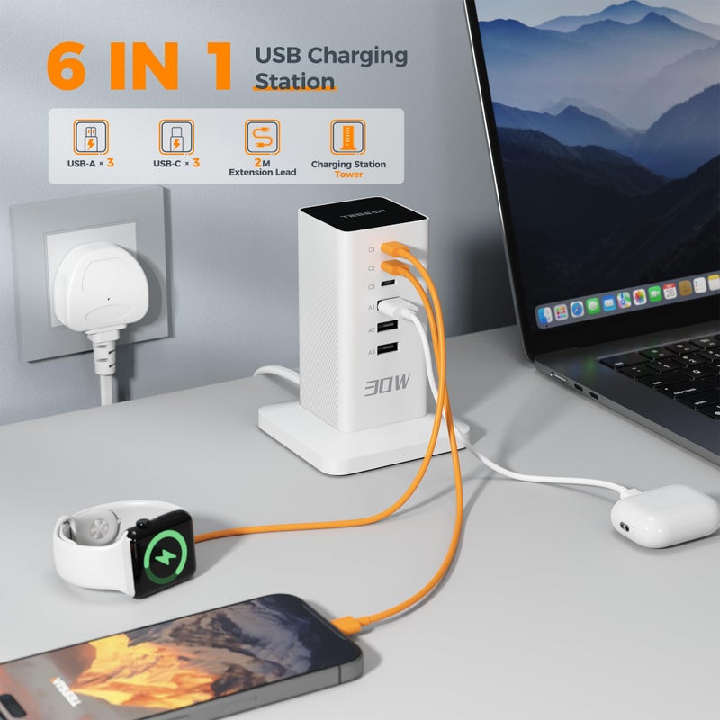 TESSAN 30W USB Charging Station, 6-Port Multi USB Charger with 2m Cord - Image 2