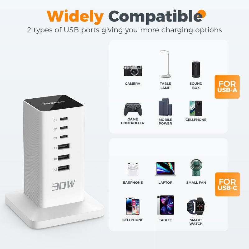 TESSAN 30W USB Charging Station, 6-Port Multi USB Charger with 2m Cord - Image 3