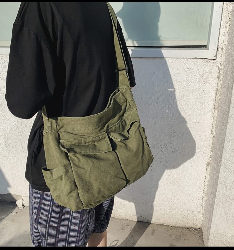 Sumleno Bohemian Hipster Hobo Boho Hippie Crossbody Bag Purse Canvas Sling Bag Aesthetic Tote Large Handbags Fairy Grunge Bag (Army Green) - Image 2