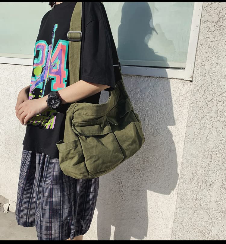 Sumleno Bohemian Hipster Hobo Boho Hippie Crossbody Bag Purse Canvas Sling Bag Aesthetic Tote Large Handbags Fairy Grunge Bag (Army Green) - Image 3