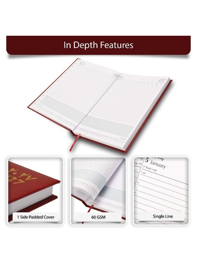FIS 2027 A4 Diary, 210x297mm Size, 1 Side Padded Vinyl Cover, 1 Day a Page Format, Arabic/English, 60gsm White Paper, Maroon Cover-FSDI42AEN27MR - Image 2