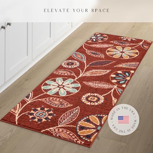 Maples Rugs Reggie Floral Runner Rug - Made in USA - Washable, Non Slip Indoor Carpet for Kitchen, Hallway, and Laundry Room, 2' x 6', Merlot - Image 2