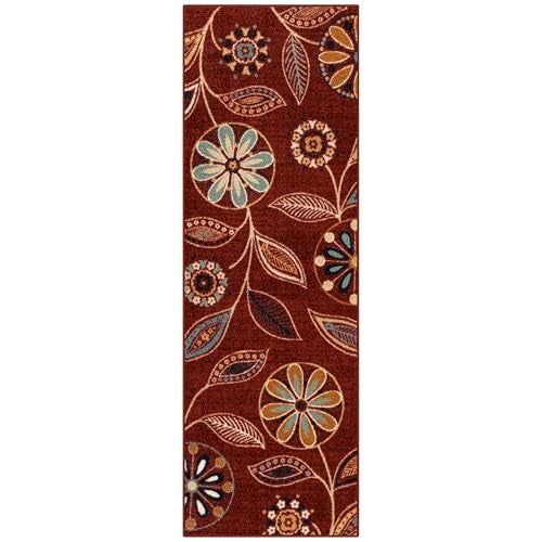 Maples Rugs Reggie Floral Runner Rug - Made in USA - Washable, Non Slip Indoor Carpet for Kitchen, Hallway, and Laundry Room, 2' x 6', Merlot - Image 1