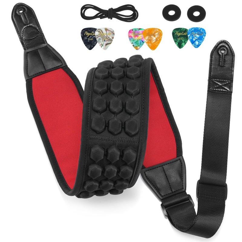 POGOLAB Guitar Strap, 3.5" Wide Air Cell Cushions Neoprene Padded Soft Comfortable Bass Strap, Adjustable Length from 47" to 55" with Strap Locks & Picks, for Bass Electric Guitar (Regular) Red - Image 1