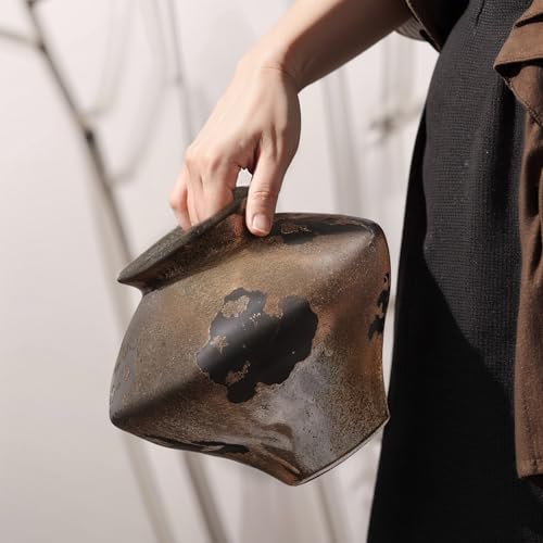 UANYEMON Rustic Wabi Sabi Rusty Vintage Vase - 6.7'' Wabi Sabi Decorative Farmhouse Pottery Flower Vase, Brown Ceramic Vases for Home Decor, Table, Centerpiece, Shelf, Entryway, Living Room, Bedroom, Bathroom - Image 3