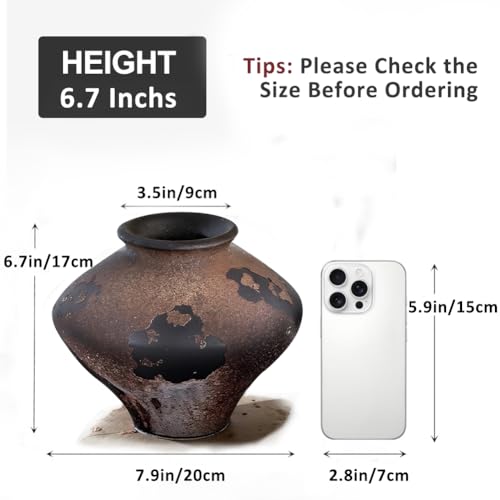 UANYEMON Rustic Wabi Sabi Rusty Vintage Vase - 6.7'' Wabi Sabi Decorative Farmhouse Pottery Flower Vase, Brown Ceramic Vases for Home Decor, Table, Centerpiece, Shelf, Entryway, Living Room, Bedroom, Bathroom - Image 2