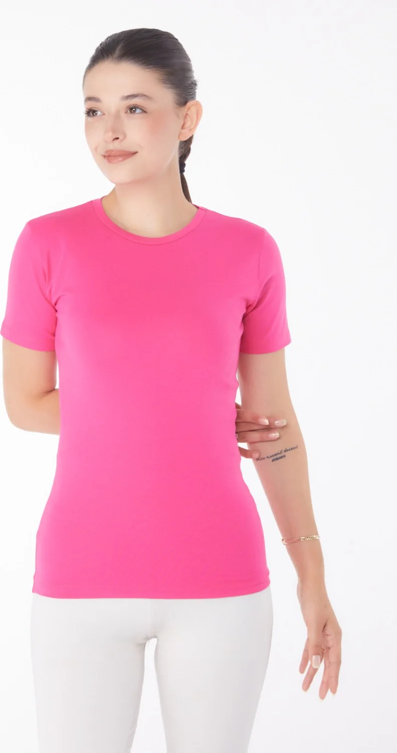 Tofisa Plain Crew Neck Women's Fuchsia Short Sleeve T-Shirt - 25768