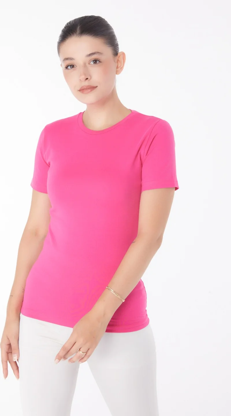 Tofisa Plain Crew Neck Women's Fuchsia Short Sleeve T-Shirt - 25768