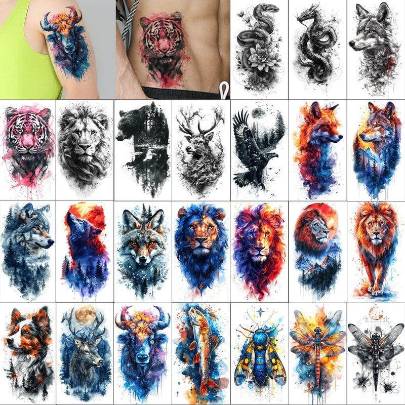 GLARYYEARS Temporary Tattoo 24Pack for Men Large 3D Wolf Lion Snake Design for Half Arm Leg Back Body Longlasting Realistic