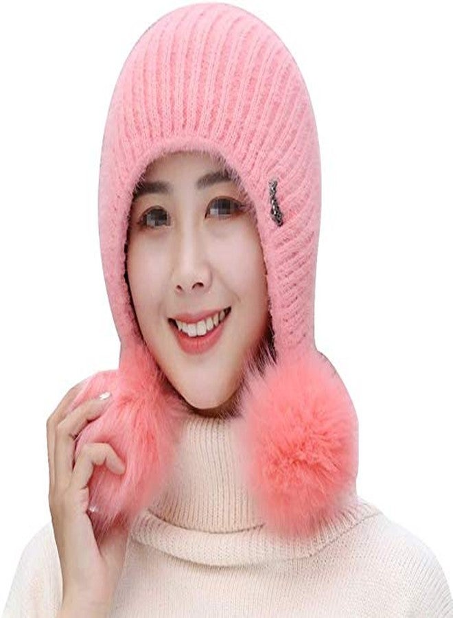 V3E قبعة شتوية دافئة محبوكة للنساء والفتيات مع بوم الفراء (وردي) - Image 1