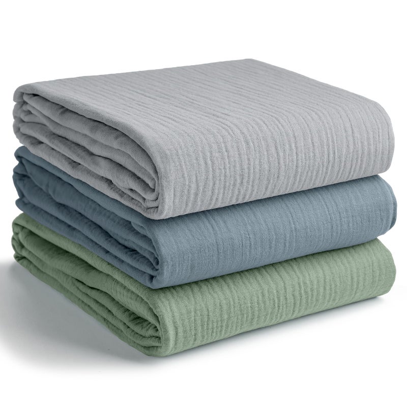 Comfy Cubs Muslin Swaddle Blankets Pack of 3, 42 x 42 Inch Soft 100% Cotton Baby Blanket Set, Large Wraps for Newborns - Self-Soothing Swaddles for Newborns - Heather Blue, Pacific Blue, Fern - Image 1