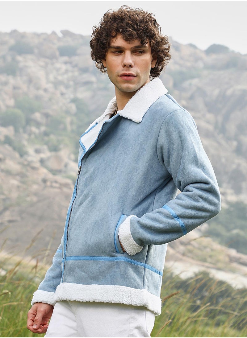 Campus Sutra Men's Icy Blue & Chalk White Fleece Lined Biker Jacket  - Image 3