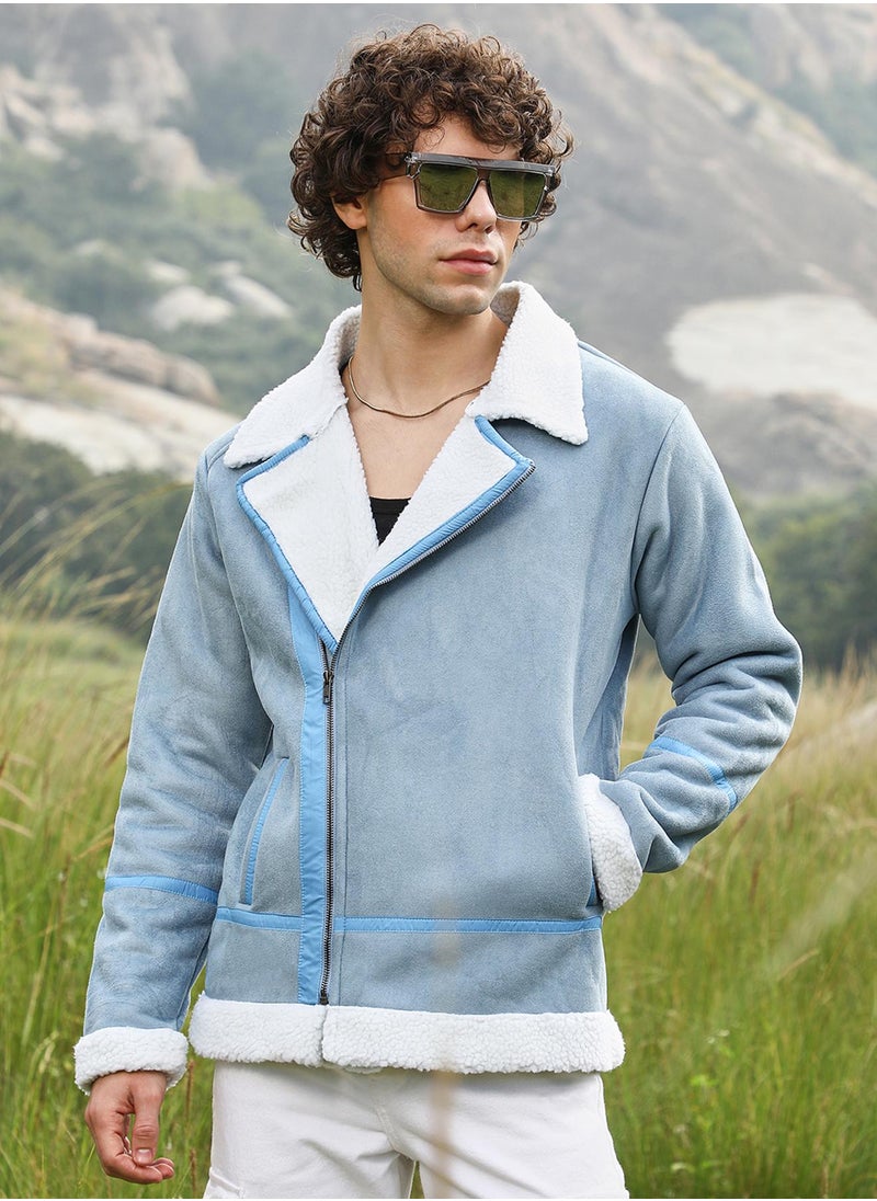 Campus Sutra Men's Icy Blue & Chalk White Fleece Lined Biker Jacket  - Image 1
