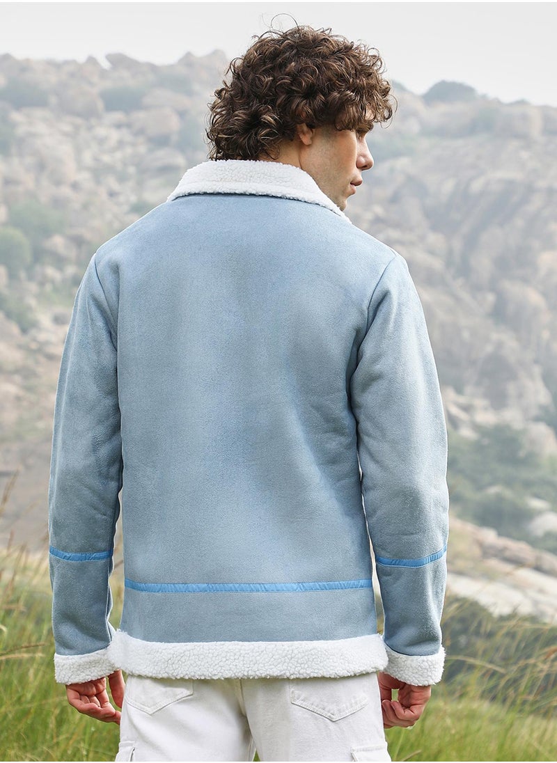 Campus Sutra Men's Icy Blue & Chalk White Fleece Lined Biker Jacket  - Image 5
