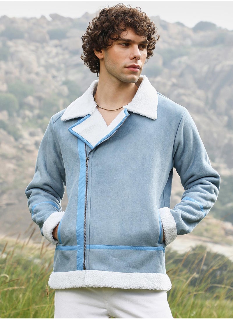 Campus Sutra Men's Icy Blue & Chalk White Fleece Lined Biker Jacket  - Image 2