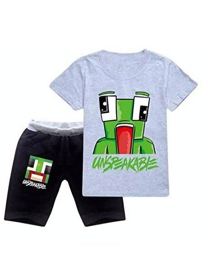 Generic - Unspeakble Kids Unisex Short Sleeve Round Neck Grey T-shirt Black Shorts Set - Image 1