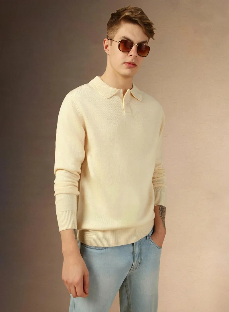 Dennis Lingo Men's Off White 100% Acrylic Solid Regular Fit Sweater