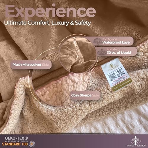 Sacred Weapon Waterproof Blanket Queen/Twin Size 50"x80" - Ultra-Soft Fleece Top & Sherpa Back - Noiseless, Absorbent Bed Protector - Machine Washable for Kids, Pets, Elderly Care - Beige - Image 5