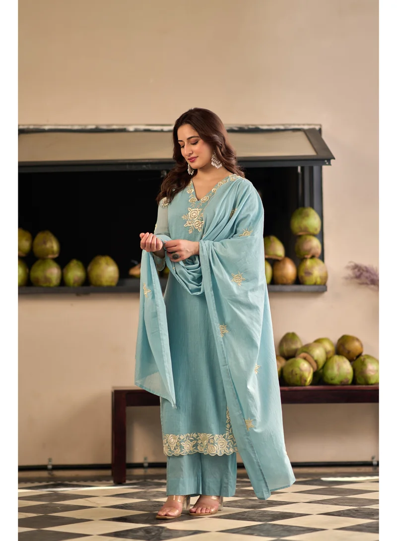 Priya’s Panache Premium Aqua Blue Cotton Crush Embroidered Straight Suit Set for Women with Dupatta & Pants | Indian Ethnic Wear | Salwar Suit for Women | Kurta Set Ladies | Kurti Pant Dupatta Set | Embroidered Ladies Suit | Festive & Family Wear