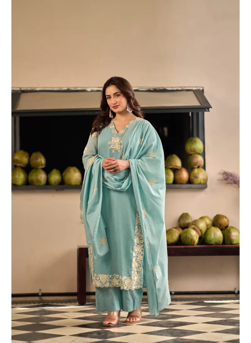 Premium Aqua Blue Cotton Crush Embroidered Straight Suit Set for Women with Dupatta & Pants | Indian Ethnic Wear | Salwar Suit for Women | Kurta Set Ladies | Kurti Pant Dupatta Set | Embroidered Ladies Suit | Festive & Family Wear