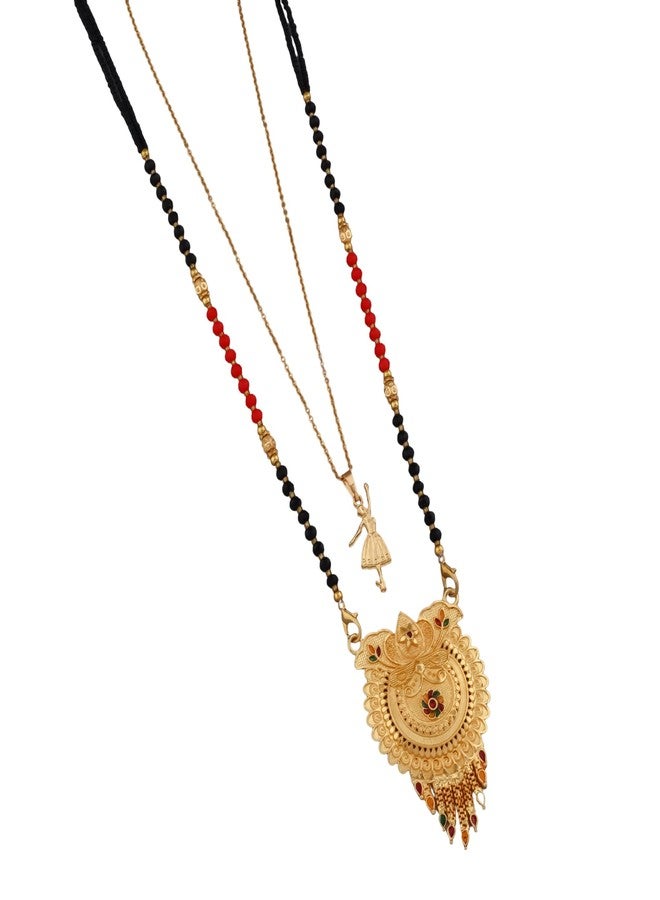 MALKYN Women's Gold Plated Floral Motif Mangalsutra with Red and Green Enamel Accents and Ballerina Pendant Layered Necklace Set, Traditional Black Beaded Wedding Jewelry-MD-072 - Image 1
