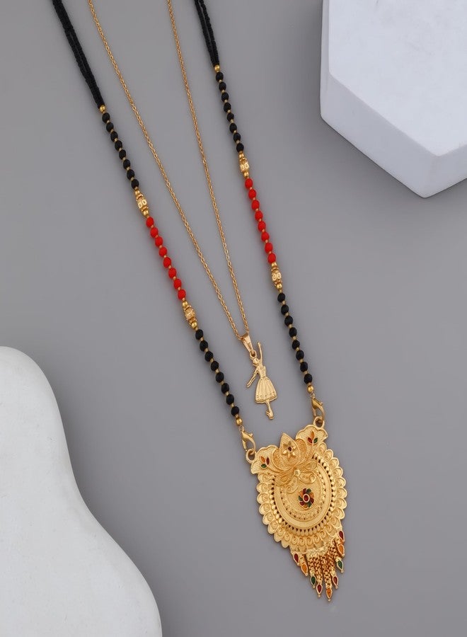 MALKYN Women's Gold Plated Floral Motif Mangalsutra with Red and Green Enamel Accents and Ballerina Pendant Layered Necklace Set, Traditional Black Beaded Wedding Jewelry-MD-072 - Image 2