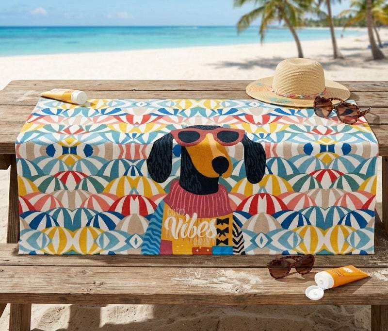 GOOD VIBES ONLY Beach Towel – Dog Print – 140 × 70 cm - Image 2