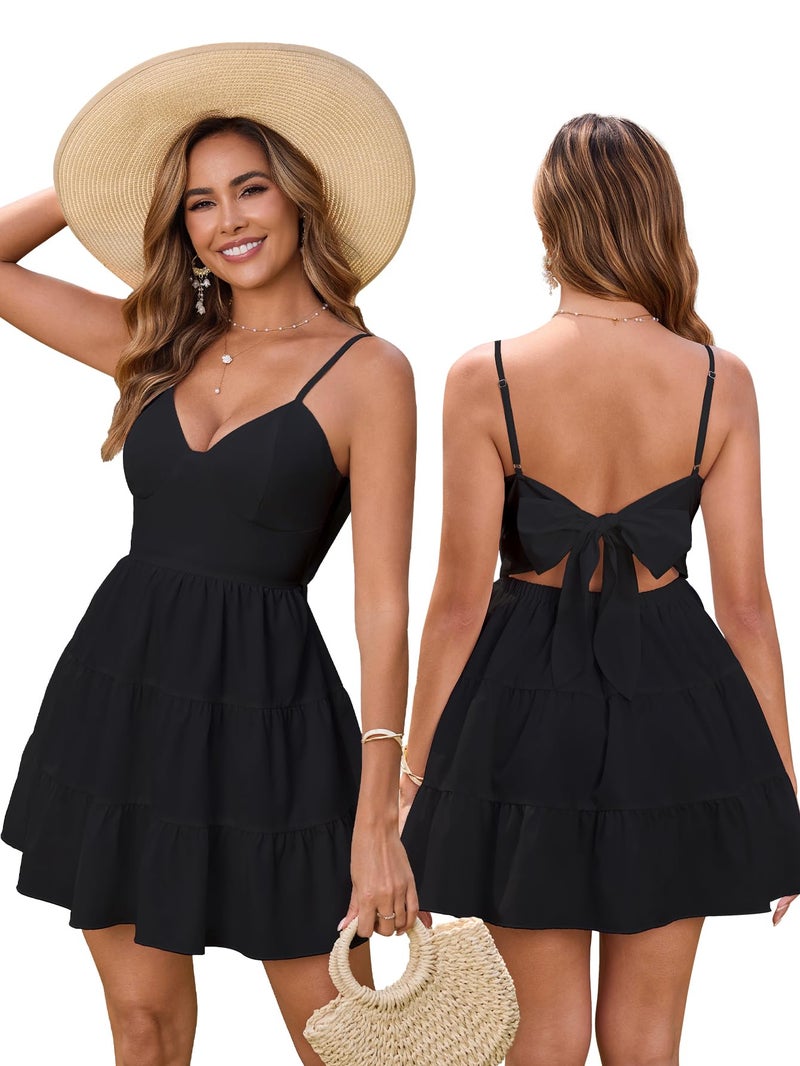 HTZMO Women Casual Summer Floral Mini Sundress V Neck Bow Tie Backless Flowy Cute Graduation Boho Beach Short Dress Black M - Image 1