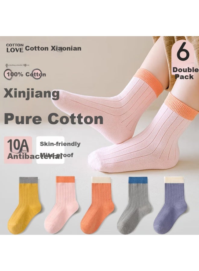 Mianxiaolian Children's Socks, Autumn And Winter Tube Socks [100% Pure Cotton, 10a Antibacterial And Odor-resistant], Girls' Baby And Older Children, 6 Pairs, Tt