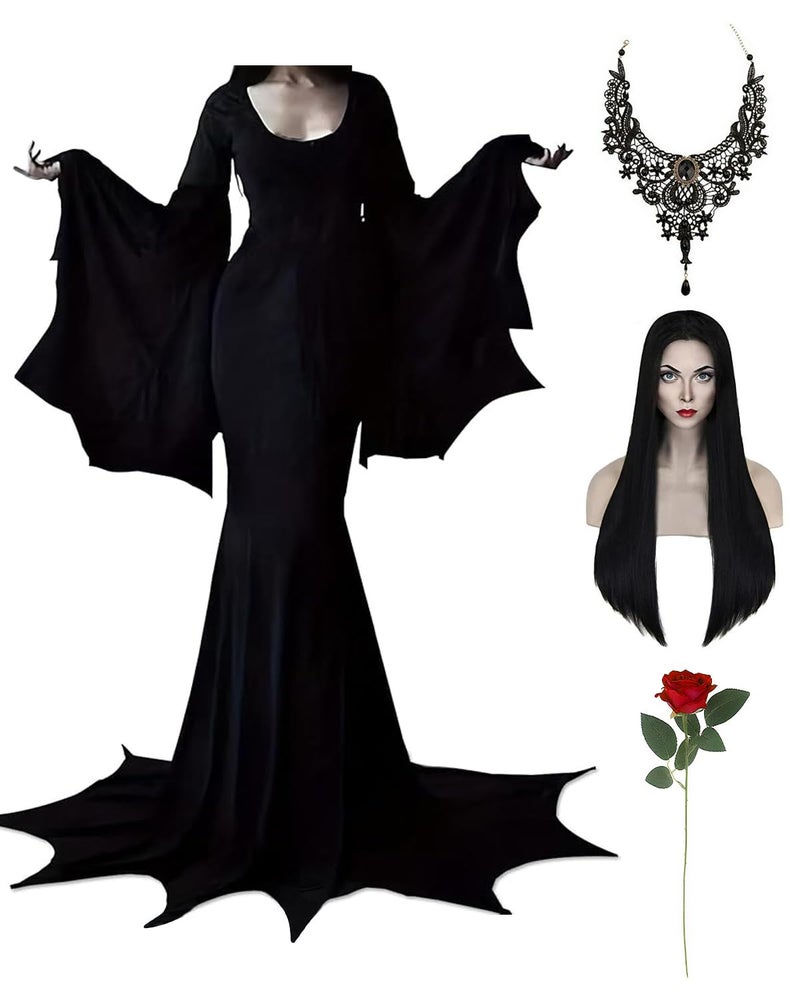 Aileam Halloween Morticia Addams Costumes Vintage Gothic Black Long Dress Outfit Women Wig Red Roses Flowers Necklace - Image 2
