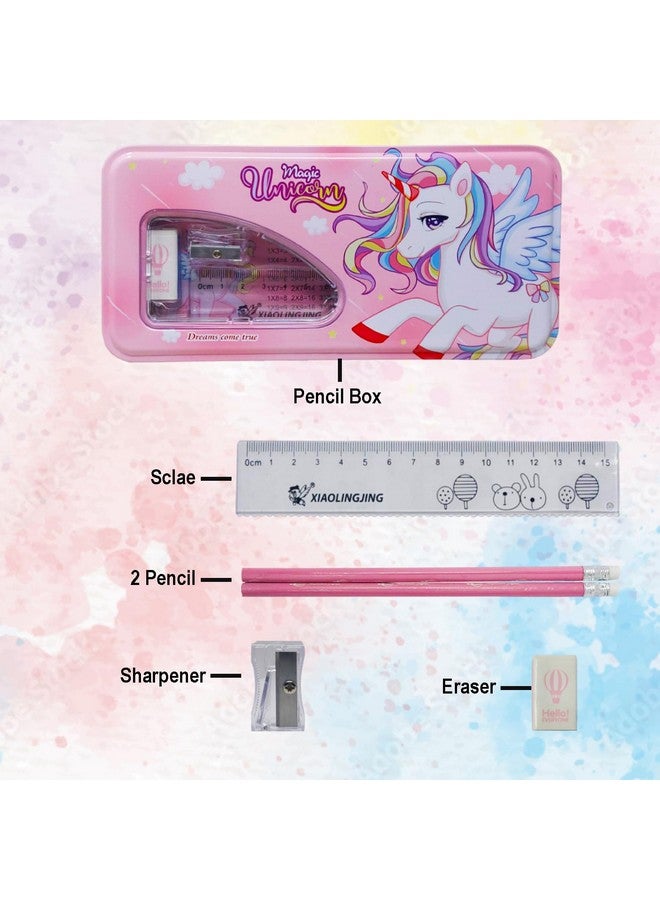 PARTEET Pink Combo Pack Of Cartoon Printed Metal Pencil Box Case With 2Pencils, 1Eraser, 1Scale, 1Sharpener, Stationery Set Double Layer Organizer For Kids, Birthday Return Gift (Assorted) - Image 3
