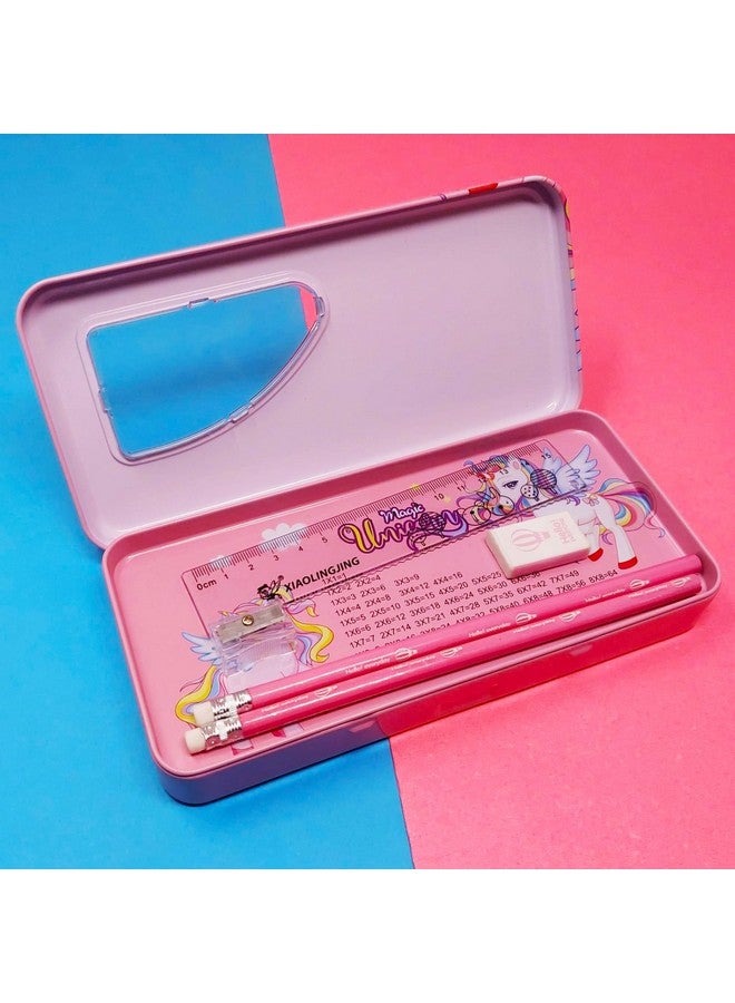 PARTEET Pink Combo Pack Of Cartoon Printed Metal Pencil Box Case With 2Pencils, 1Eraser, 1Scale, 1Sharpener, Stationery Set Double Layer Organizer For Kids, Birthday Return Gift (Assorted) - Image 5