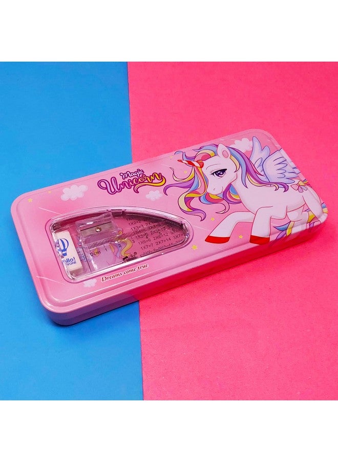 PARTEET Pink Combo Pack Of Cartoon Printed Metal Pencil Box Case With 2Pencils, 1Eraser, 1Scale, 1Sharpener, Stationery Set Double Layer Organizer For Kids, Birthday Return Gift (Assorted) - Image 4