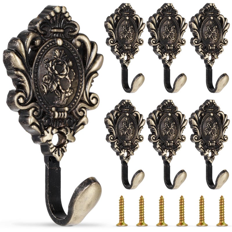 BrightRow 6 Pack Vintage Curtain Tiebacks Hooks Bronze Cast Iron Wall Decorative Coat Hooks Rose Pattern Carved with Screws for Towels, Curtains, Coats, Clothes, Keys, Bags in Bedroom, Bathroom - Image 1