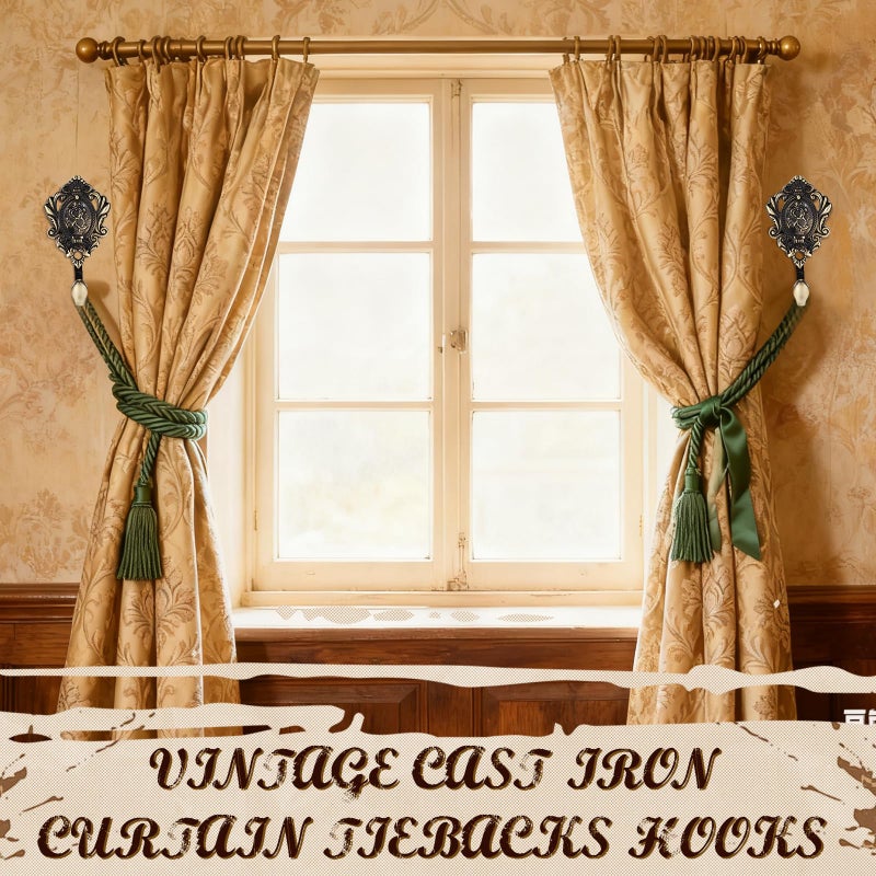 BrightRow 6 Pack Vintage Curtain Tiebacks Hooks Bronze Cast Iron Wall Decorative Coat Hooks Rose Pattern Carved with Screws for Towels, Curtains, Coats, Clothes, Keys, Bags in Bedroom, Bathroom - Image 4