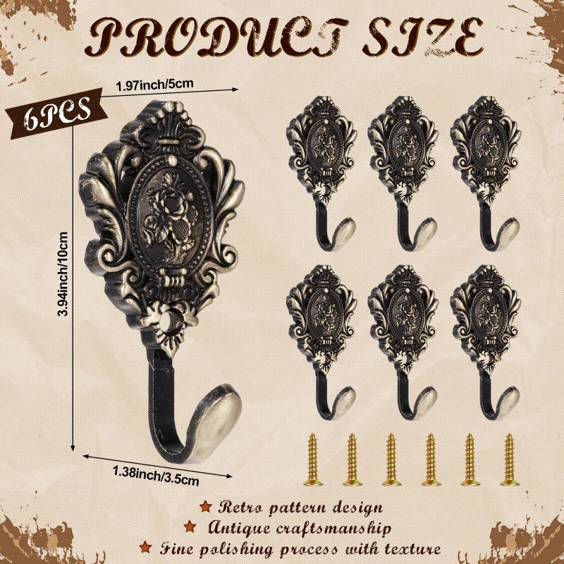BrightRow 6 Pack Vintage Curtain Tiebacks Hooks Bronze Cast Iron Wall Decorative Coat Hooks Rose Pattern Carved with Screws for Towels, Curtains, Coats, Clothes, Keys, Bags in Bedroom, Bathroom - Image 2