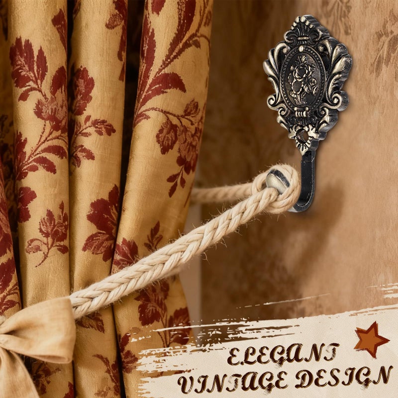 BrightRow 6 Pack Vintage Curtain Tiebacks Hooks Bronze Cast Iron Wall Decorative Coat Hooks Rose Pattern Carved with Screws for Towels, Curtains, Coats, Clothes, Keys, Bags in Bedroom, Bathroom - Image 5