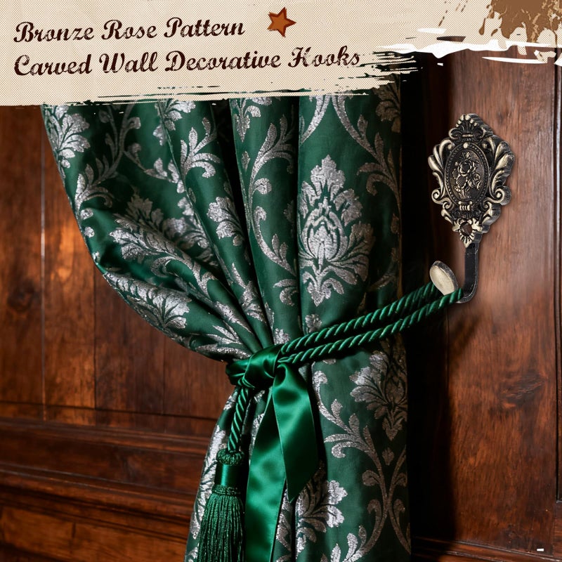 BrightRow 6 Pack Vintage Curtain Tiebacks Hooks Bronze Cast Iron Wall Decorative Coat Hooks Rose Pattern Carved with Screws for Towels, Curtains, Coats, Clothes, Keys, Bags in Bedroom, Bathroom - Image 3